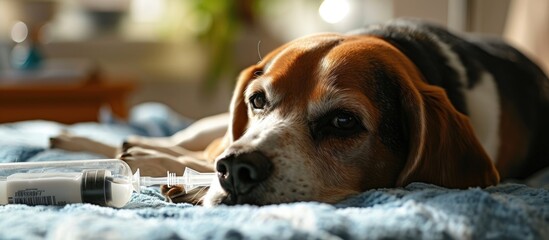 Beagle dog getting Intravenous therapy in a veterinary clinic It gets Saline solution with...