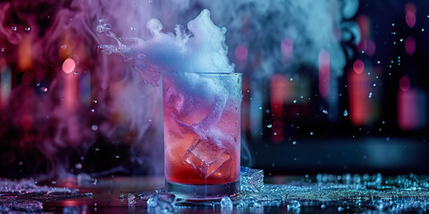 Artistic cocktail with dry ice effect, modern glass, copy space