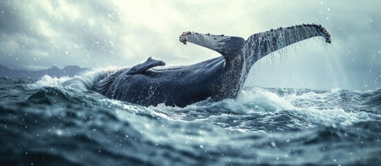 Humpback whale Megaptera novaeangliae slapping its fluke or tail in water. Creative Banner. Copyspace image - obrazy, fototapety, plakaty