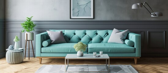 A modern stylish and bright living room Stylish scandinavian living room with design mint sofa. Creative Banner. Copyspace image