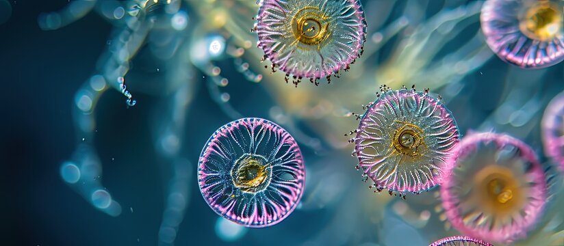 A marine phytoplankton with pink chlorophyll Protoperidinium sp Live cell 40x objective lens Stacked image. Creative Banner. Copyspace image