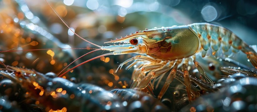 Closed up shot inside the net tray that found juvenile pacific white shrimp L vannamei being caught from aquaculture pond. Creative Banner. Copyspace image