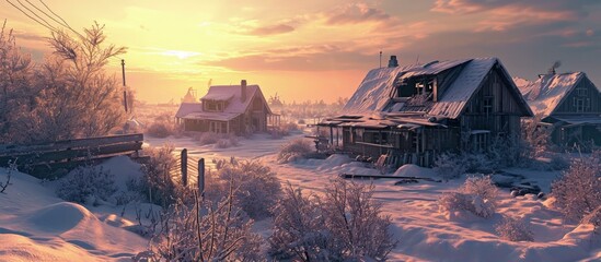 Apocalyptic landscape The remains of destroyed houses covered with snow at sunset. Creative Banner. Copyspace image - obrazy, fototapety, plakaty