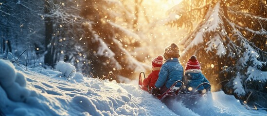 Active healthy grandparents and their happy grandchildren toddler girl and teenage boy wearing colorful snowsuits enjoying a sledge ride in beautiful snowy forest on sunny winter day. Creative Banner - obrazy, fototapety, plakaty