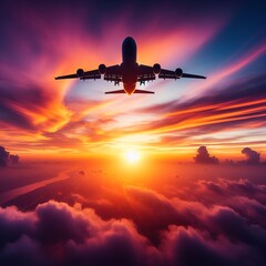 Passenger plane in the sky at sunset. Generative AI - obrazy, fototapety, plakaty