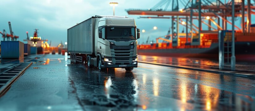 container truck in ship port for logistic and transport business. Creative Banner. Copyspace image