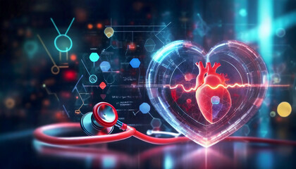 future cardiology or heart research, along with vital signs, infographics, and biometrics for clinical, generative ai - obrazy, fototapety, plakaty