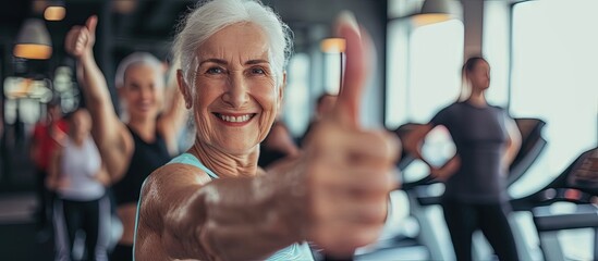 Cheerful senior woman gesturing thumbs up with people exercising in the background at fitness studio. Creative Banner. Copyspace image