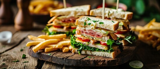 Club sandwich with french fries and salad. Creative Banner. Copyspace image