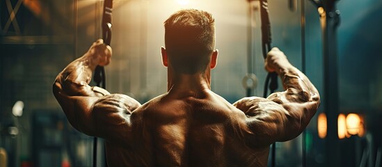 Bodyweight workout Athletic pulling up showing back muscle at gym Muscular man exercise pull up on bar in fitness gym. Creative Banner. Copyspace image
