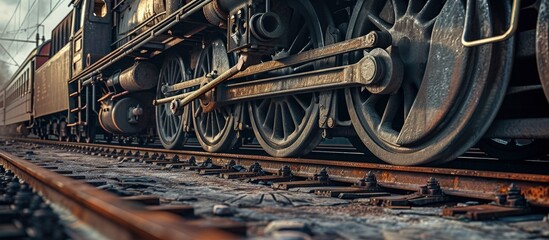 A closeup view of the wheels of a train car undercarriage passenger train freight train. Creative Banner. Copyspace image - obrazy, fototapety, plakaty