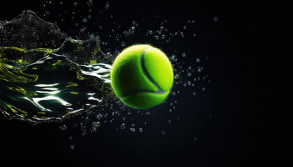 Baseball or tennis ball green with water drops flying on black background