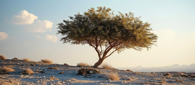 Drought tolerant evergreen Ghaf tree scientific name Prosopis cineraria thrives in arid desert sand dunes in Ras Al Khaimah emirate United Arab Emirates Ghaf trees fight desertification