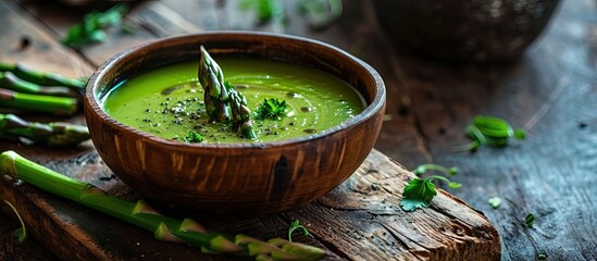 Fresh green asparagus soup in bowl on wooden table. Creative Banner. Copyspace image