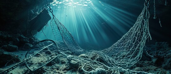 A fishing net underwater fixed on the seabed deep water. Creative Banner. Copyspace image - obrazy, fototapety, plakaty
