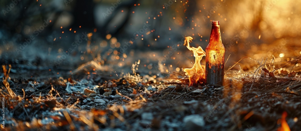 Poster abandoned beer can and alcohol bottle on the forest fire dry grass burns ash. creative banner. copys