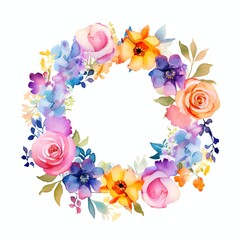 colorful round flower frame in a watercolor style