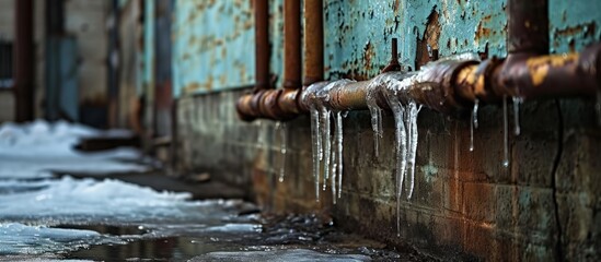 Close up of factory pipes covered with a sharp icicles ice stalactite hanging from pipe Poor thermal insulation leads to the formation of icicles. Creative Banner. Copyspace image - obrazy, fototapety, plakaty