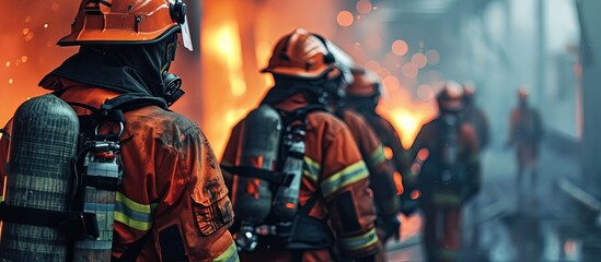 Fototapeta premium firemen leaving the station equipped and with the tools for the extinction of the fire. Creative Banner. Copyspace image