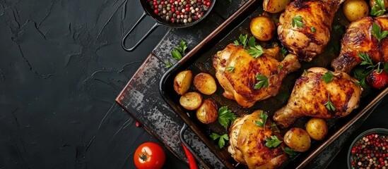 Grilled chicken legs with potato slices on a black metal tray Top view. Creative Banner. Copyspace image - obrazy, fototapety, plakaty