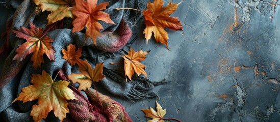 Elevate your fall fashion with chic and warm essentials a fashionable soft cashmere scarf with maple leaves on top view image on a grey isolated background leaving space for text or advertising