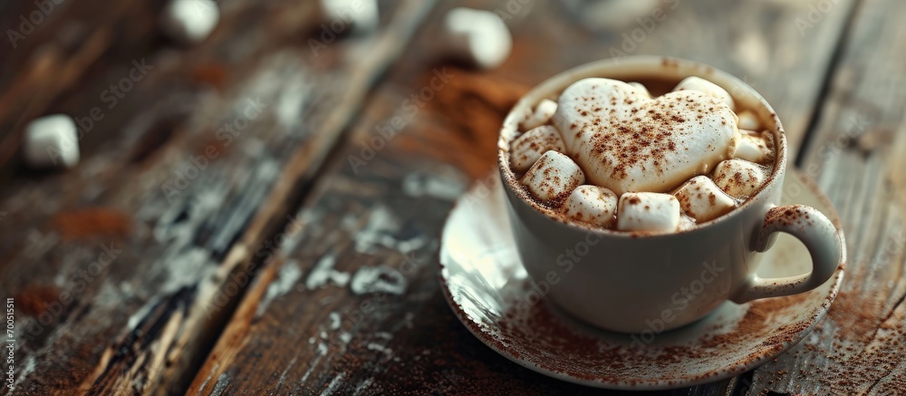 Aufkleber cup of hot cocoa with heart shaped marshmallows. creative banner. copyspace image