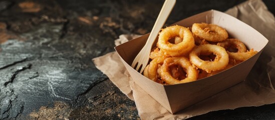 Battered onion rings takeaway in a cardboard tray with a wooden fork Biodegradable plastic free eco friendly takeaway container. Creative Banner. Copyspace image - obrazy, fototapety, plakaty