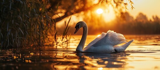 Danube delta wild life birds a graceful swan gliding through the water at sunset biodiversity Conservation. Creative Banner. Copyspace image