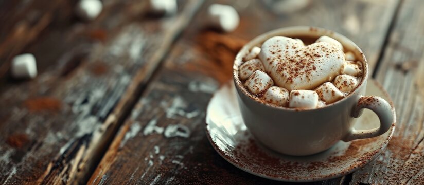 Cup of hot cocoa with heart shaped marshmallows. Creative Banner. Copyspace image