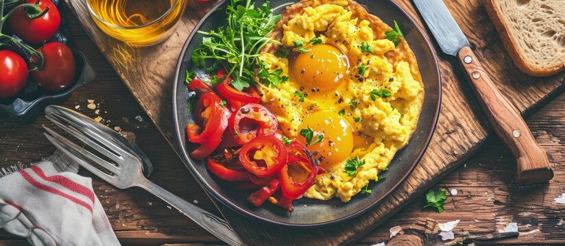 Delicious breakfast omelet or scrambled eggs with red and green bell peppers on white table. Creative Banner. Copyspace image