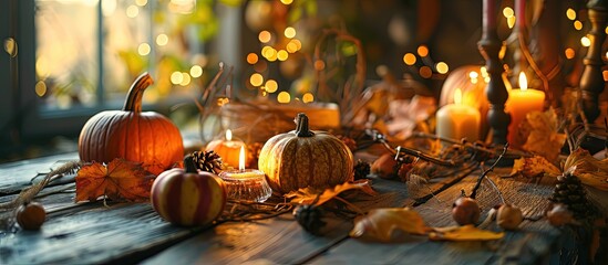 Festive autumn place settings with pumpkins and candles. Creative Banner. Copyspace image