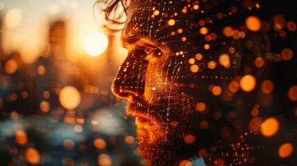 Man's Silhouette with Connected Data Points.
Profile of a man with a visual representation of connected data points and bokeh lights.