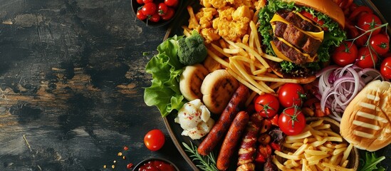 Food platter with lobster burgers hotdogs and decorative vegetables. Creative Banner. Copyspace image