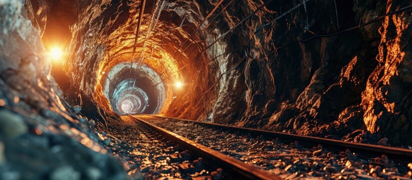 Jumbo drilling horizontal develompment ore drive underground mine. Creative Banner. Copyspace image