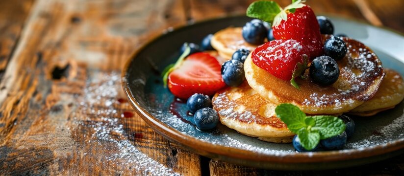 Delicious and homemade mini pancakes as a sweet perfect snack Poffertjes with fruits as sweet breakfast. Creative Banner. Copyspace image