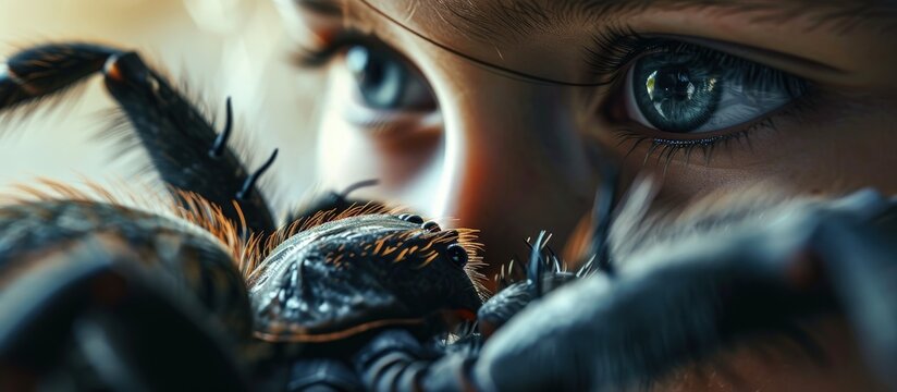 A huge poisonous spider crawling on a child The girl is not afraid of spiders brave child plays with huge spider Brachypelma albopilosum Treatment of arachnophobia. Creative Banner. Copyspace image