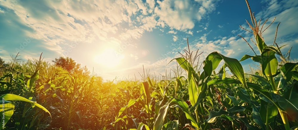Aufkleber corn field in clear day corn tree with blue cloudy sky. creative banner. copyspace image