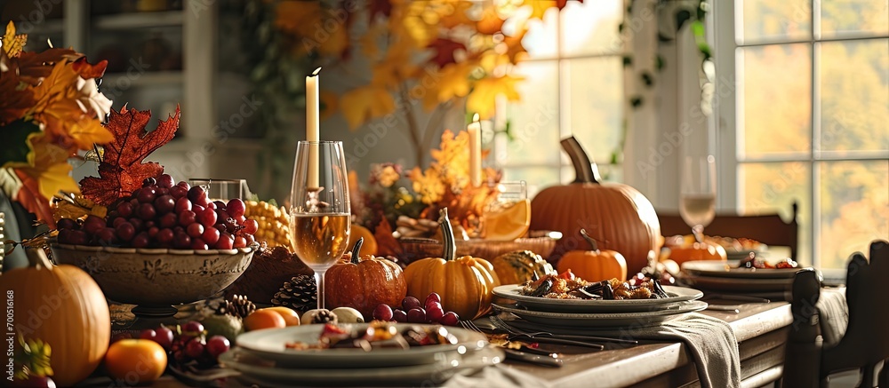 Poster Beautiful table setting for Thanksgiving Day dinner at home. Creative Banner. Copyspace image