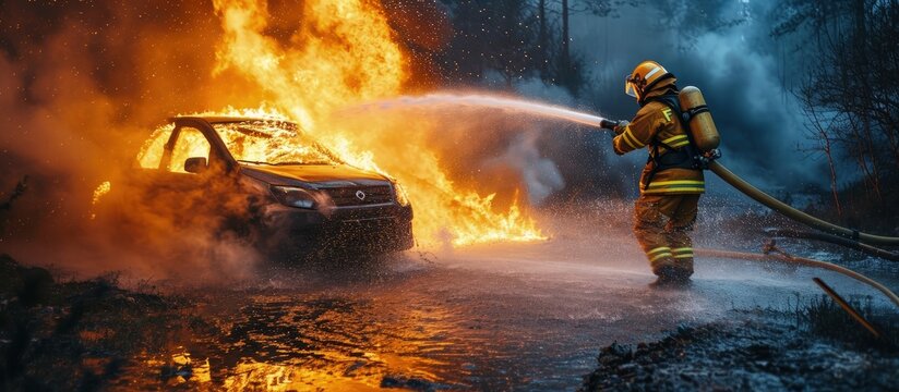 Burning car Fireman water spray by high pressure nozzle in fire fighting operation Fire and Firefighter training school. Creative Banner. Copyspace image