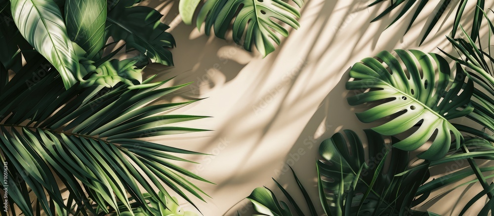 Aufkleber invitation card mockup with palm tree leaf decoration top view. creative banner. copyspace image