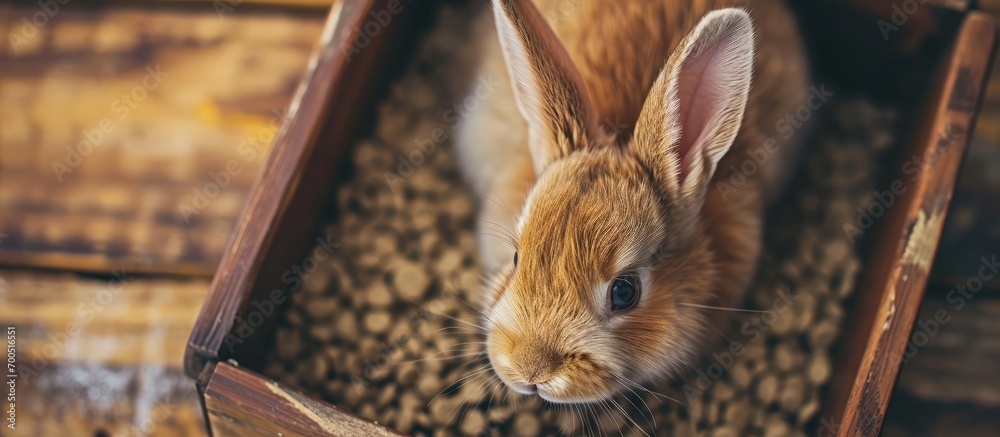 Poster bunny sitting in a litter box top view shot of cute rabbit. creative banner. copyspace image