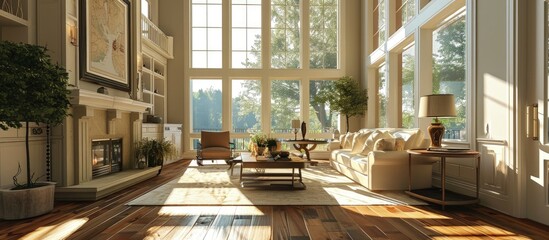 Fototapeta premium Beautiful living room interior with hardwood floors huge bank of windows tall vaulted ceiling and fireplace in new luxury home. Creative Banner. Copyspace image