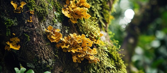 Obraz premium Lichen grow on tree trunk in tropical forest. Creative Banner. Copyspace image