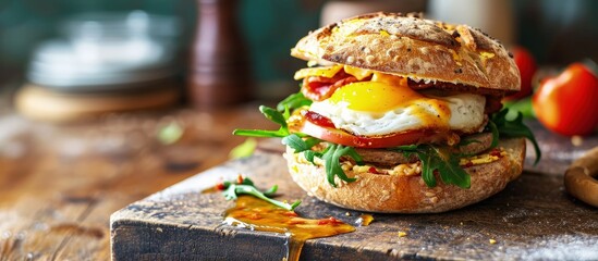 Close up of a egg bacon and cheese sandwich on a sesame seed bagel. Creative Banner. Copyspace image - obrazy, fototapety, plakaty