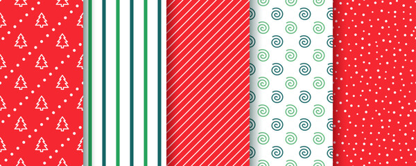 Christmas seamless background. Holiday patterns. Endless texture with stripes, trees, spirals and snow. Red green Xmas design. Festive print for wrapping paper. Vector Illustration