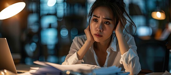 Fototapeta na wymiar Asian business woman behind paper work tired and frustrated working in office female employee in bra looking at documents and financial reports. Creative Banner. Copyspace image