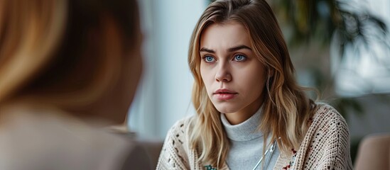 Despaired sad young caucasian lady suffering from mental problems listens to male doctor in office clinic interior Prescription for depression treatment medicine support session with profession - obrazy, fototapety, plakaty