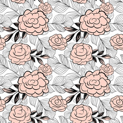 Monochrome botanical pattern. Seamless background with roses. Hand drawn outline floral wallpaper