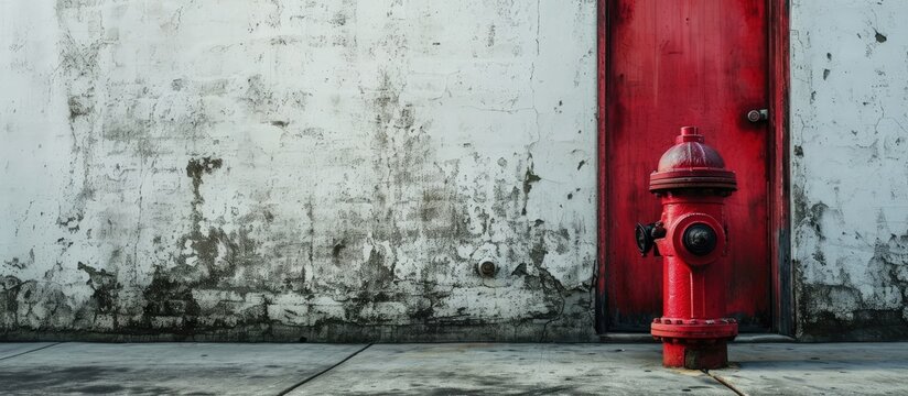 a photography of a fire hydrant sitting in front of a wall sliding door with a black handle and a black handle. Creative Banner. Copyspace image
