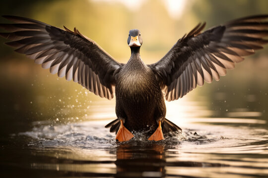 Pato en el rio con las alas abiertas.